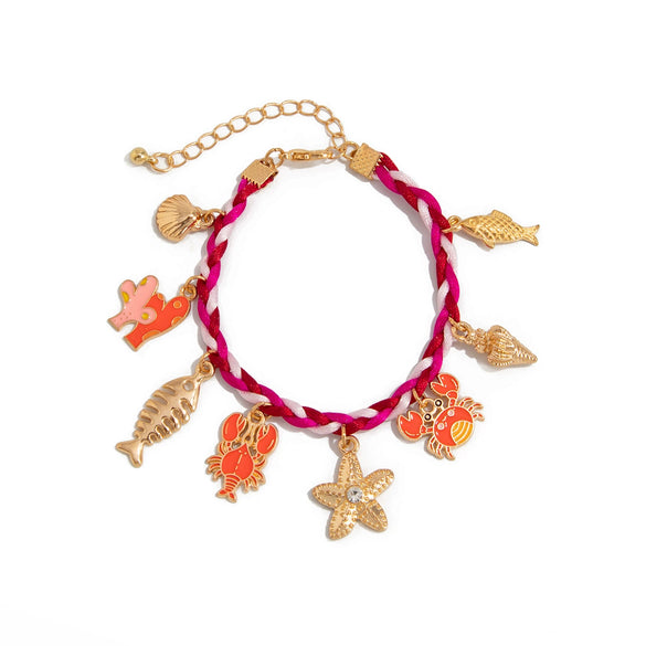 Alloy Conch Starfish Crab Animal Zodiac Dripping Oil Style Braided Rope Bracelet For Women