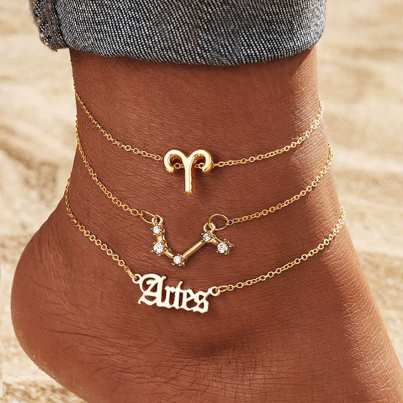 Alloy Constellation Women's Multilayer Anklet Jewelry 3Piece Set Inlaid With Artificial Gemstones And Semiprecious Stones