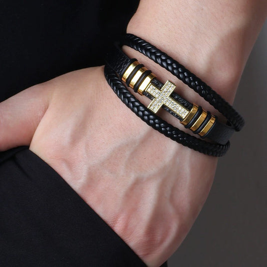 Alloy Copper Inlaid Zircon Cross Bracelet Hand Woven With Pu Leather Rope Fashion Jewelry With Diamond Design
