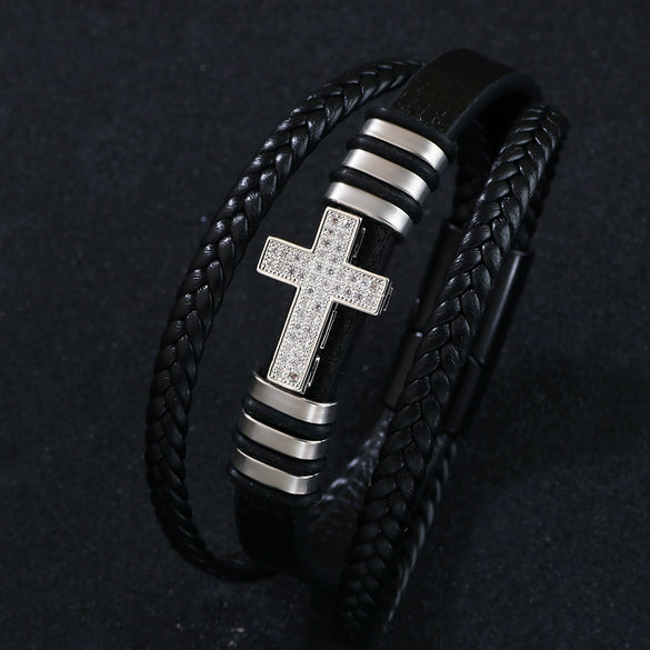 Alloy Copper Inlaid Zircon Cross Bracelet Hand Woven With Pu Leather Rope Fashion Jewelry With Diamond Design