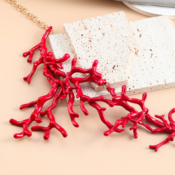 Alloy Coral Shape Necklace Women's Fashion Bohemian Style With Baking Paint And Geometric Design