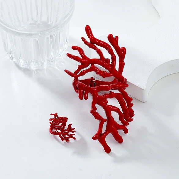Alloy Coralshaped Ring And Bracelet Set For Women With Plant Flowers Style And Baking Paint Treatment