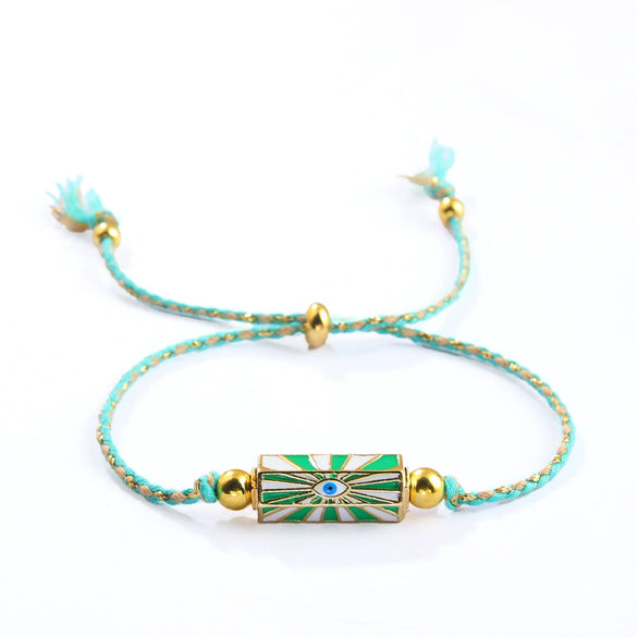 Alloy Cotton Rope Bracelet With Geometric Pattern And Dripping Oil Treatment Unisex Hexagonal Prism And Devil's Eye Design