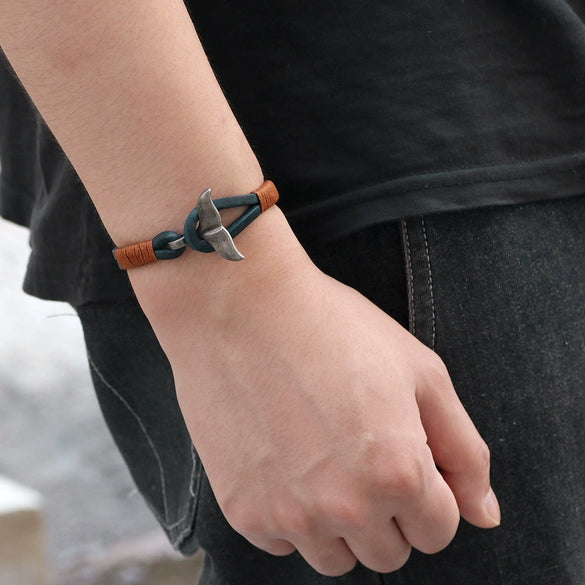 Alloy Cowhide Handwoven Men's Bracelet With Whale Tail Animal Zodiac Pattern And Electroplating Treatment