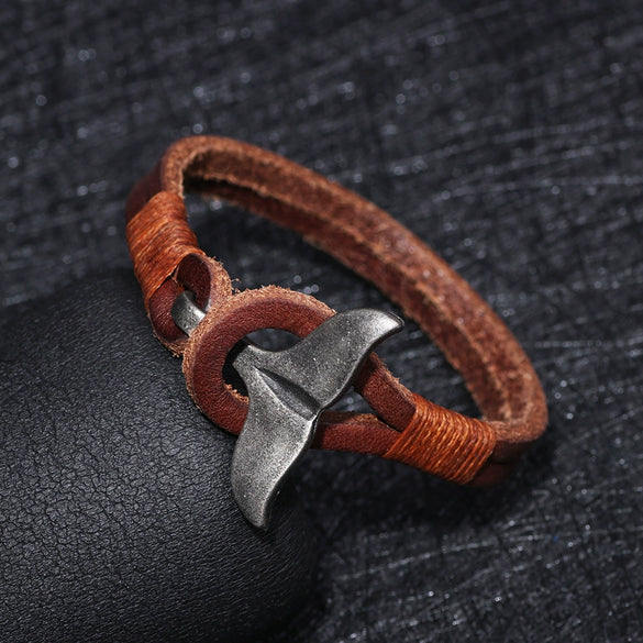 Alloy Cowhide Handwoven Men's Bracelet With Whale Tail Animal Zodiac Pattern And Electroplating Treatment