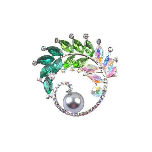 Alloy Crystal Brooch With Leaf Pattern And Electroplating Retro Feminine And Unisex Suit Accessory
