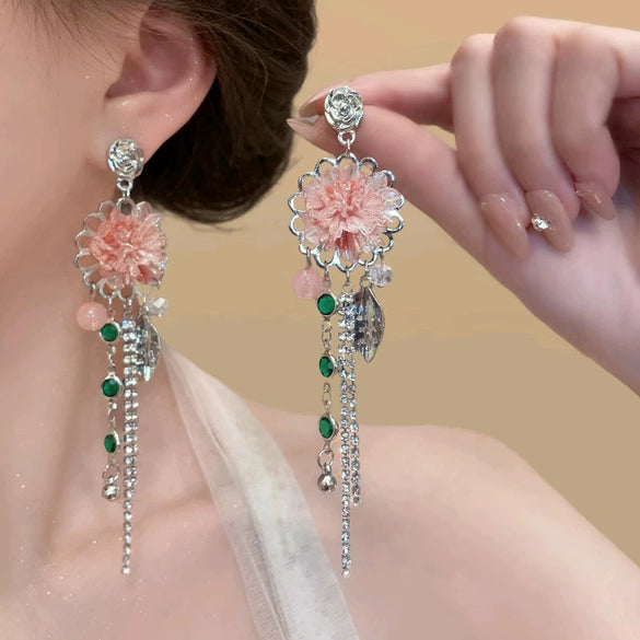 Alloy Crystal Flower Tassel Earrings Electroplated Princess Style
