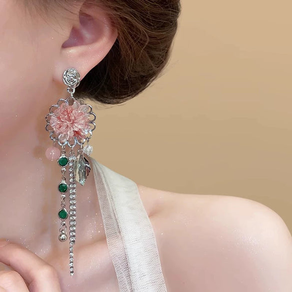 Alloy Crystal Flower Tassel Earrings Electroplated Princess Style