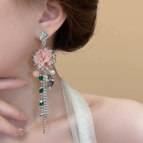 Alloy Crystal Flower Tassel Earrings Electroplated Princess Style