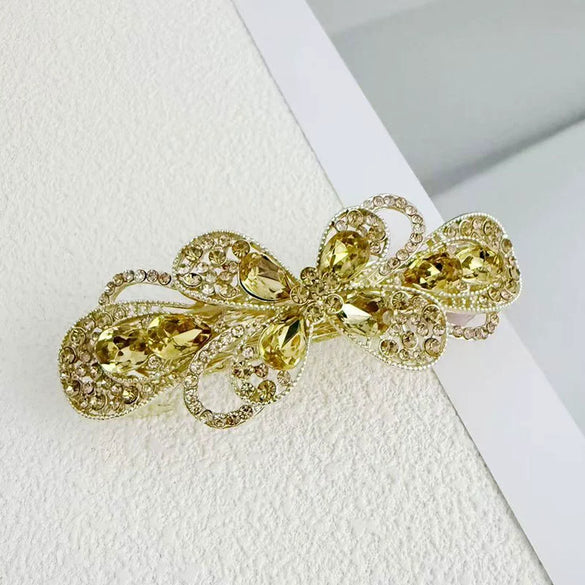 Alloy Crystal Spring Hairpin For Women With Bow Design And Electroplating Processing