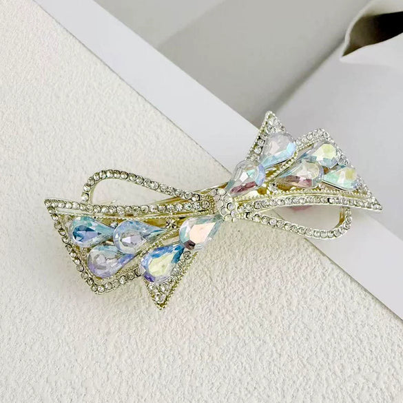 Alloy Crystal Spring Hairpin For Women With Bow Design And Electroplating Processing