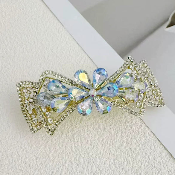 Alloy Crystal Spring Hairpin For Women With Bow Design And Electroplating Processing