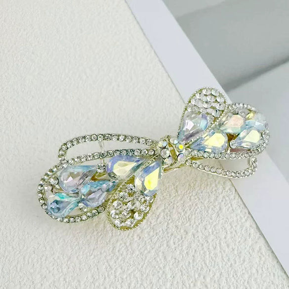 Alloy Crystal Spring Hairpin For Women With Bow Design And Electroplating Processing