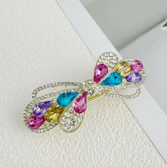 Alloy Crystal Spring Hairpin For Women With Bow Design And Electroplating Processing