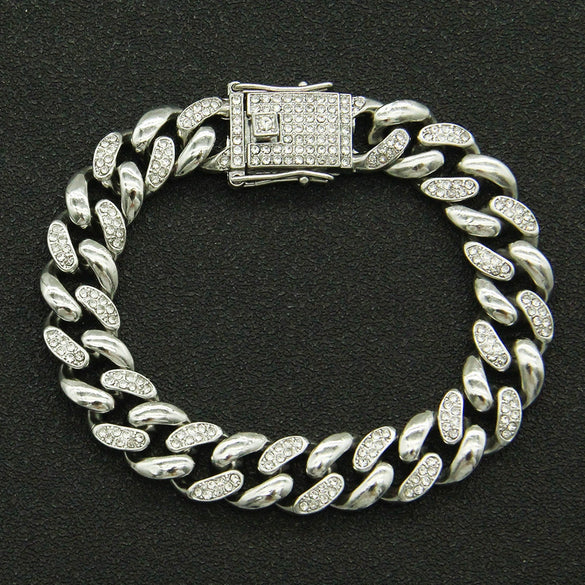 Alloy Cuban Chain Bracelet With Diamond Stitching And Geometric Design Unisex Fashion