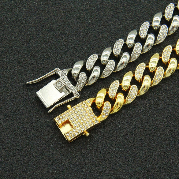 Alloy Cuban Chain Bracelet With Diamond Stitching And Geometric Design Unisex Fashion