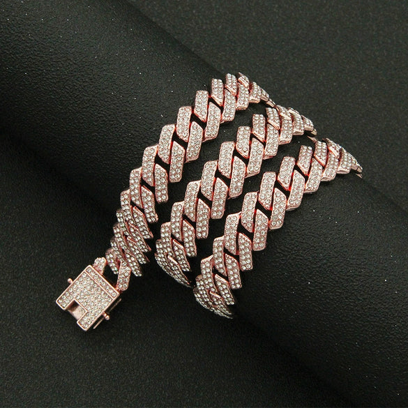 Alloy Cuban Chain Necklace Hiphop Geometric Style With Doublerow Diamond Design For Men And Women