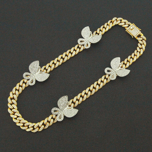 Alloy Cuban Chain Necklace With Diamond Inlay And Butterfly Pattern Hip Hop Style Unisex
