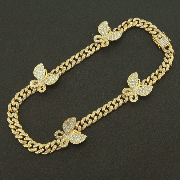 Alloy Cuban Chain Necklace With Diamond Inlay And Butterfly Pattern Hip Hop Style Unisex