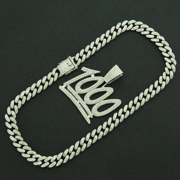 Alloy Cuban Chain Necklace With Hip Hop Style Diamond Pendant Featuring Letters Numbers And Text