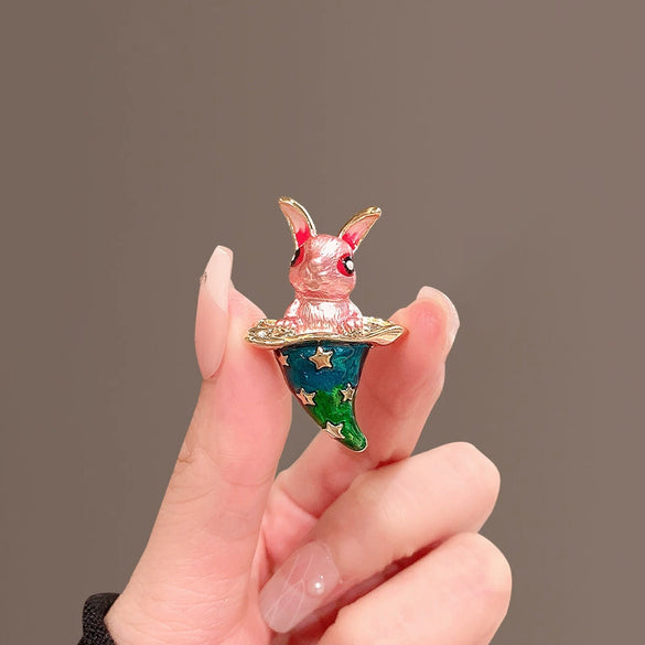 Alloy Cute Cartoon Pink Rabbit Magic Hat Brooch For Women With Electroplating Treatment