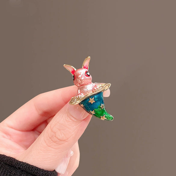 Alloy Cute Cartoon Pink Rabbit Magic Hat Brooch For Women With Electroplating Treatment