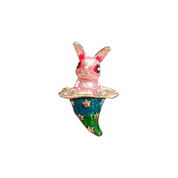 Alloy Cute Cartoon Pink Rabbit Magic Hat Brooch For Women With Electroplating Treatment