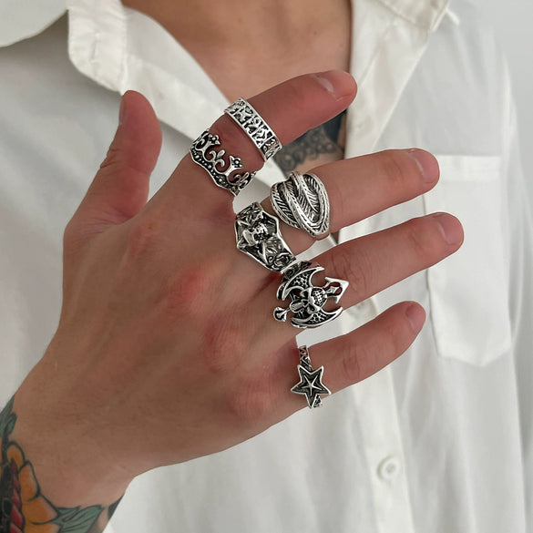 Alloy Dark Punk Retro Joint Ring Set With Carved Bat And Geometric Pattern For Couple