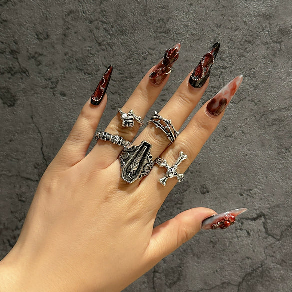 Alloy Dark Punk Retro Joint Ring Set With Carved Bat And Geometric Pattern For Couple