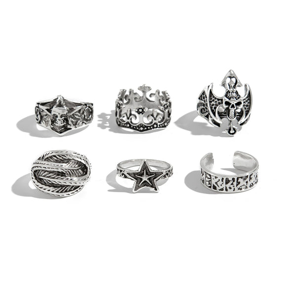 Alloy Dark Punk Retro Joint Ring Set With Carved Bat And Geometric Pattern For Couple