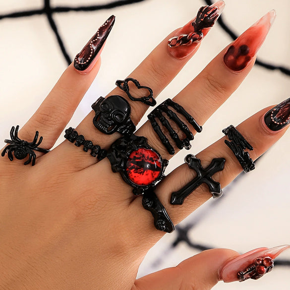 Alloy Dark Punk Retro Joint Ring Set With Carved Bat And Geometric Pattern For Couple