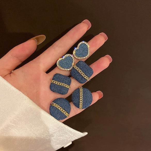 Alloy Denim Diamond Heart Circle Square Geometric Electroplating Light Luxury Women's Earrings