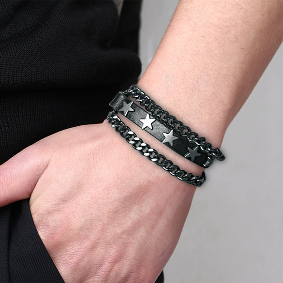 Alloy Denim Punk Geometric Fivepointed Star Chain Cowhide Bracelet Electroplating Unisex