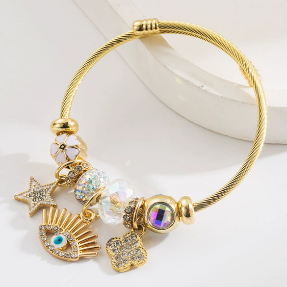 Alloy Devil's Eye Oil Dripping Diamond Star Fourleaf Clover Pendant Bracelet Electroplated