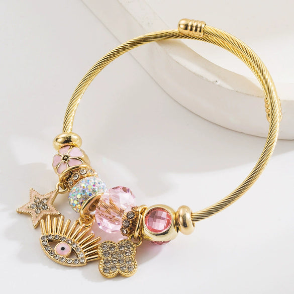 Alloy Devil's Eye Oil Dripping Diamond Star Fourleaf Clover Pendant Bracelet Electroplated