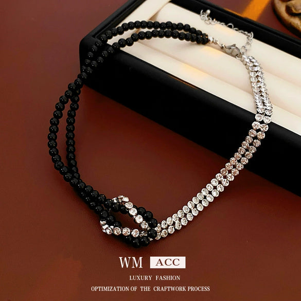 Alloy Diamond Beaded Twolayer Clavicle Chain Necklace For Women With Geometric Design And Electroplating Technique
