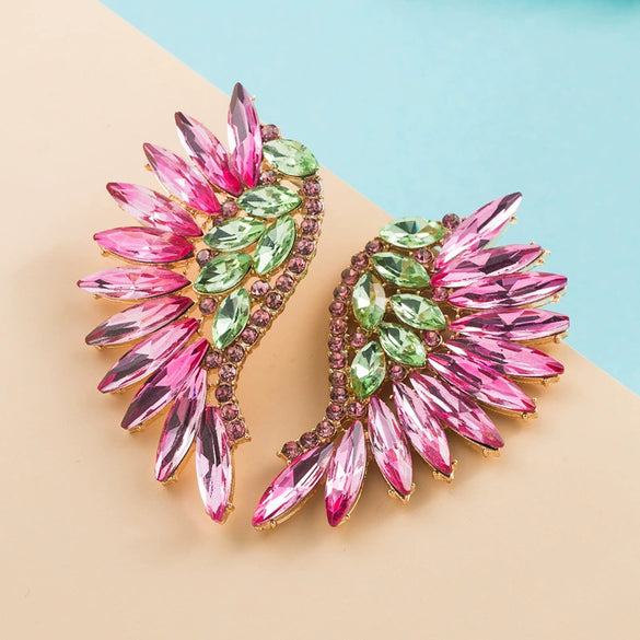 Alloy Diamond Exaggerated Fanshaped Wings Colorful Rhinestone Earrings