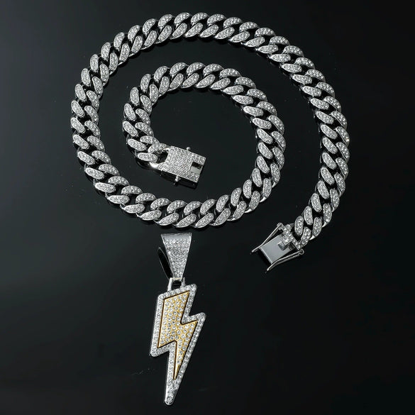 Alloy Diamond Hiphop Style Geometric Lightning Pendant Cuban Chain Necklace For Men