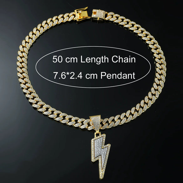 Alloy Diamond Hiphop Style Geometric Lightning Pendant Cuban Chain Necklace For Men