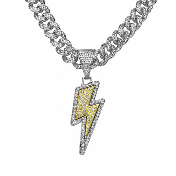 Alloy Diamond Hiphop Style Geometric Lightning Pendant Cuban Chain Necklace For Men