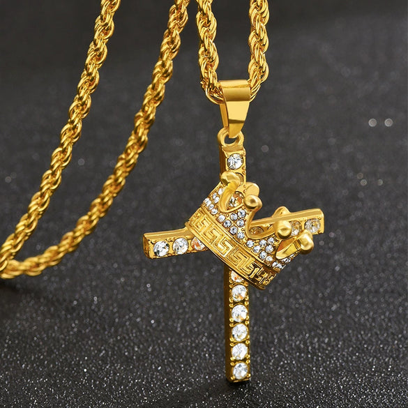 Alloy Diamondencrusted Geometric Crown Cross Pendant Necklace Unisex