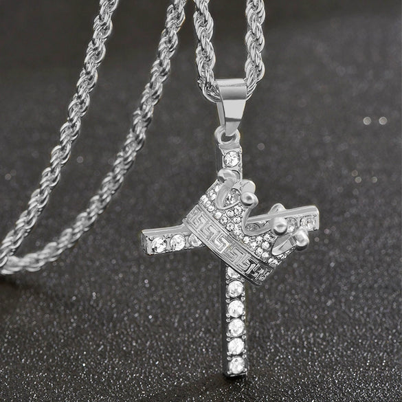 Alloy Diamondencrusted Geometric Crown Cross Pendant Necklace Unisex