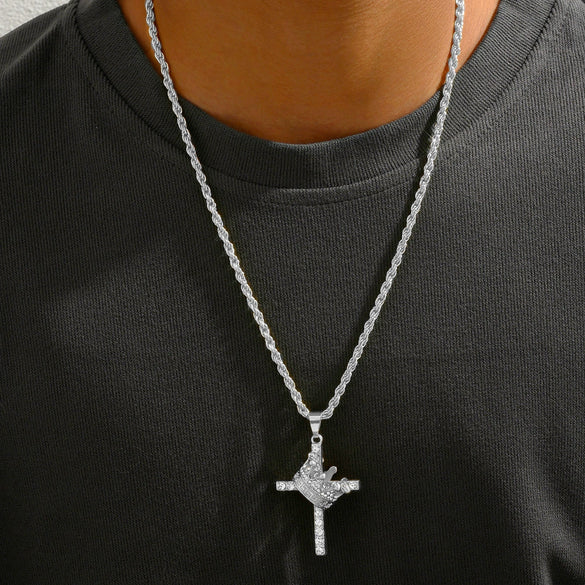 Alloy Diamondencrusted Geometric Crown Cross Pendant Necklace Unisex