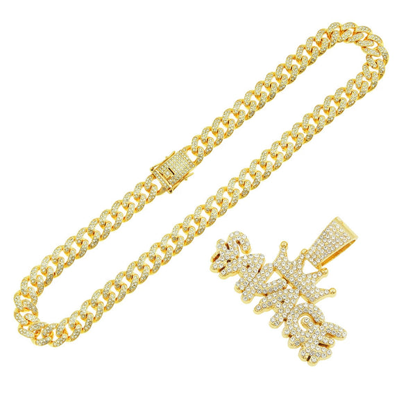 Alloy Diamondencrusted Geometric Letter Pendant Cuban Chain Necklace For Men Hiphop Style
