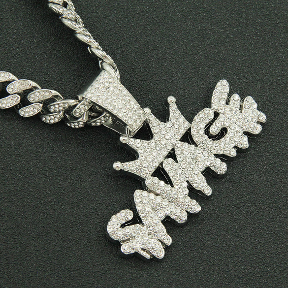 Alloy Diamondencrusted Geometric Letter Pendant Cuban Chain Necklace For Men Hiphop Style