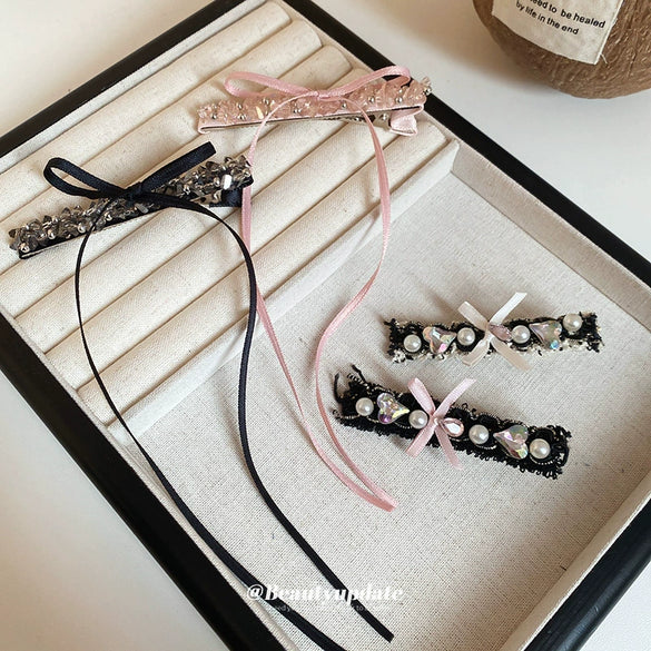 Alloy Diamondencrusted Love Pearl Bow Duckbill Hairpin Light Luxury Hair Accessories Headdress