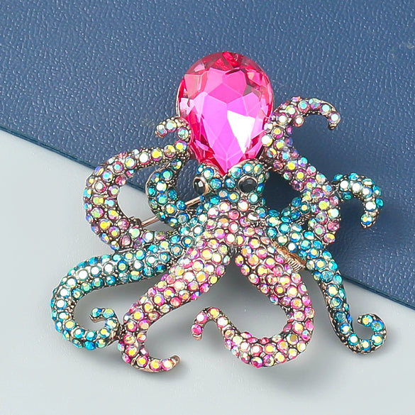 Alloy Diamondencrusted Octopus Brooch Natural Style Animal Pattern Women's Fashion Accessory