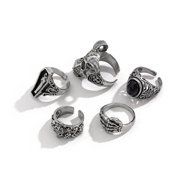 Alloy Distressed Skull Ring And Bracelet For Men Hiphop Retro Punk Style