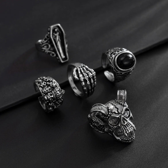 Alloy Distressed Skull Ring And Bracelet For Men Hiphop Retro Punk Style