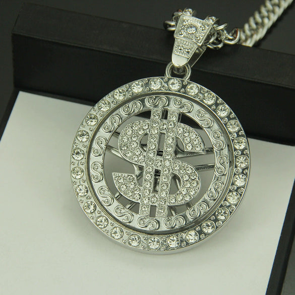 Alloy Dollar Sign Diamond Rotating Pendant Necklace With Cuban Chain Jewelry
